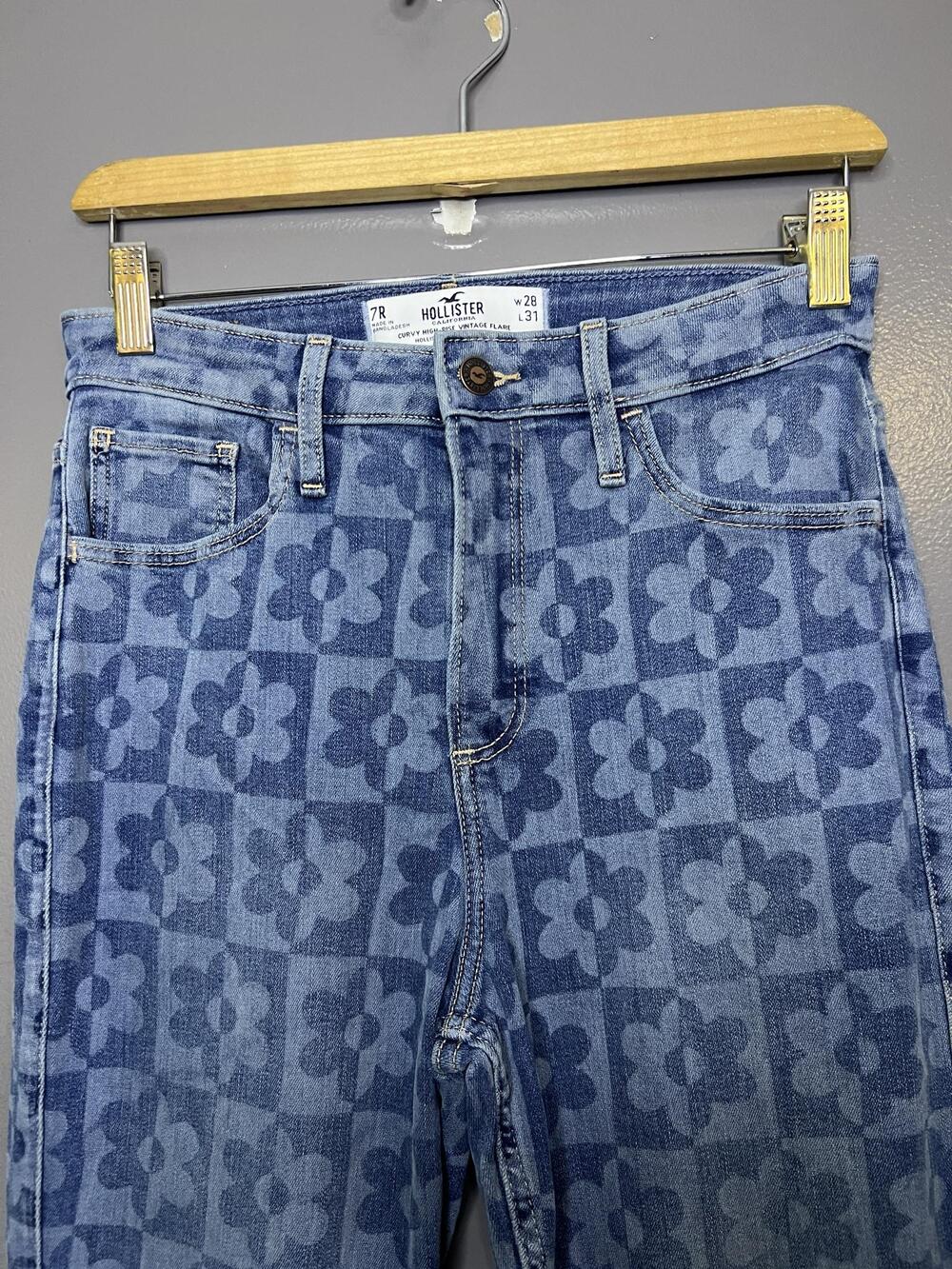 Hollister Curvy High Rise Vintage Flare Jeans Juniors 7R Blue Floral Denim
